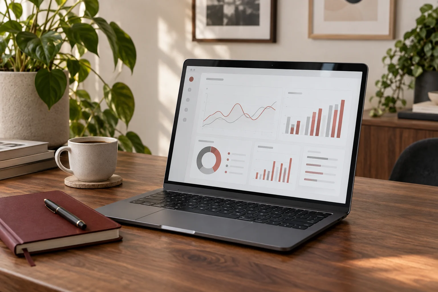 A laptop with charts beside a notebook on a desk