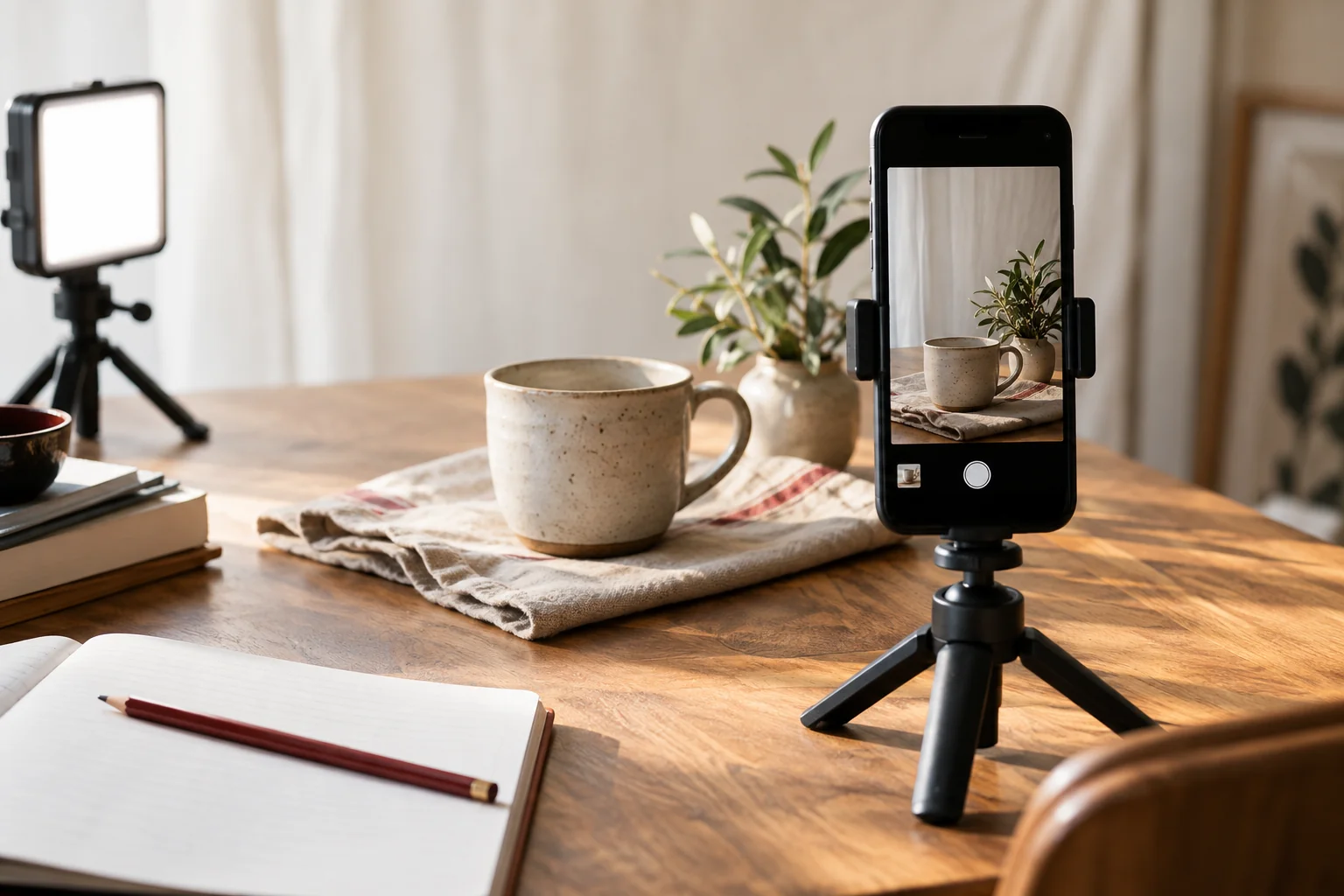 A phone and studio light set up to photograph a ceramic cup
